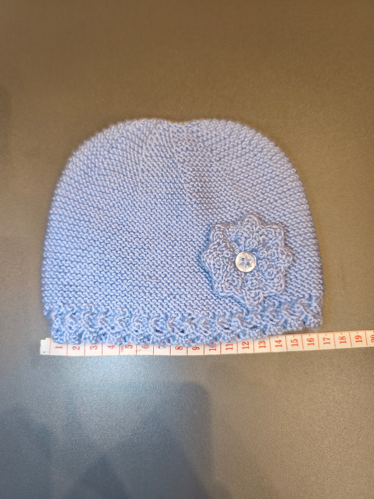 Hand-Knit Baby Girl Beanie Hat with Crochet Flower Detail | Light Blue (0-6M)