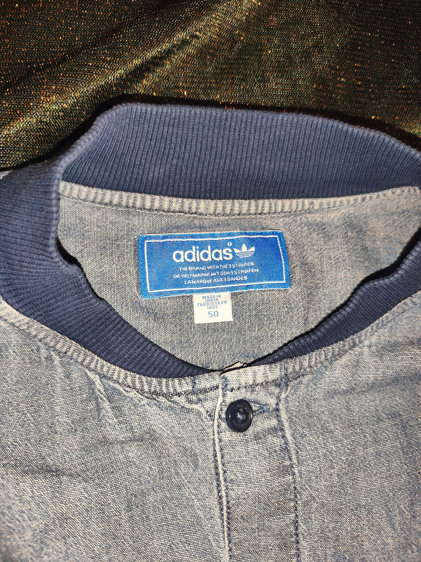 Adidas Originals Denim Chambray Shirt Men's 50 Medium Bomber Collar Zip Back