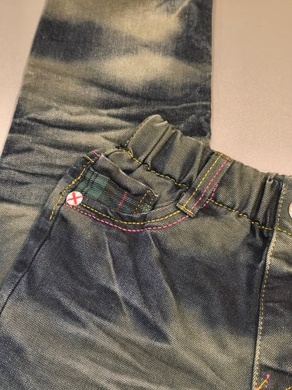 Kids Vintage Style Distressed Acid Wash Jeans with "BIG APPLE" Patch & Contrast Stitching (Tag Size 20)