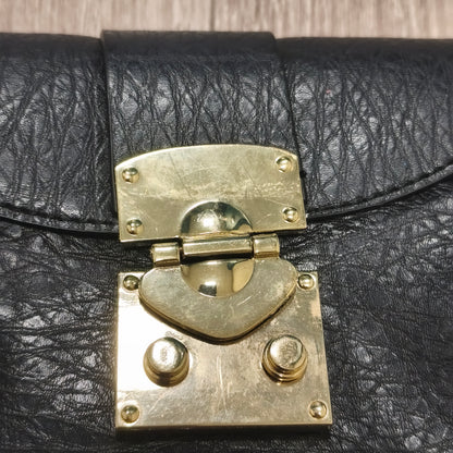 Black Textured Faux Leather Flap Crossbody Shoulder Bag Gold Hardware Lock