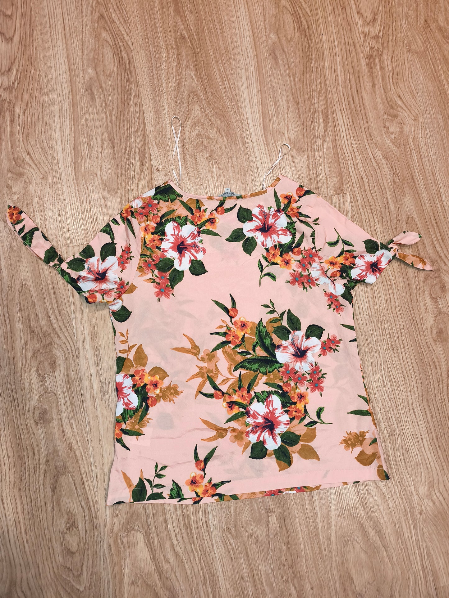Peacocks Floral Print Tie-Sleeve Blouse – Peach & Multicolour, Size UK 10