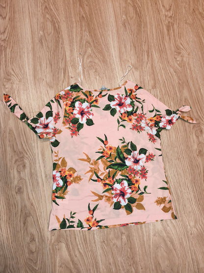 Peacocks Floral Print Tie-Sleeve Blouse – Peach & Multicolour, Size UK 10