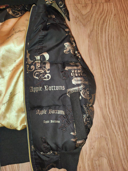 Rare VTG Apple Bottoms Real Down Puffer Vest Black Gold Satin McBling Hooded M