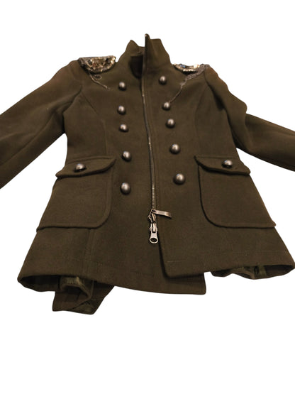 To Be Too Girls Military Coat Olive Green Embellished Pleated Back Size 26