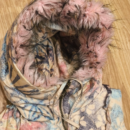 DAITE Womens Hooded Puffer Vest Faux Fur Trim Floral Skull Y2K Size UK 12 EU 38