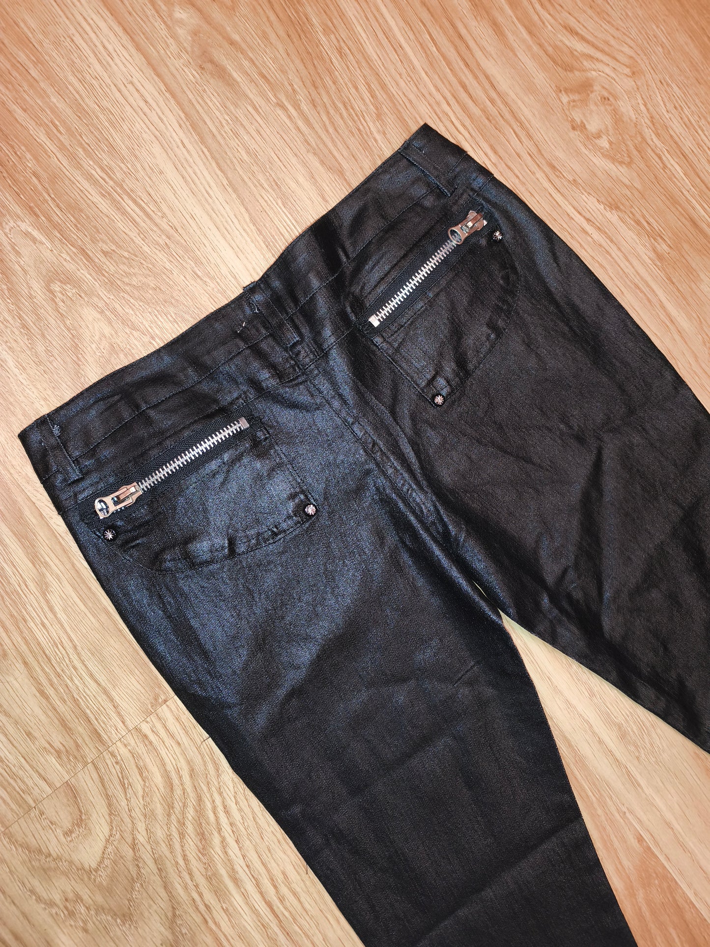 Vintage Y2K Coated Black Zip Pants – Cyber Grunge Punk Waxed Denim (Size 13 / XS-S)