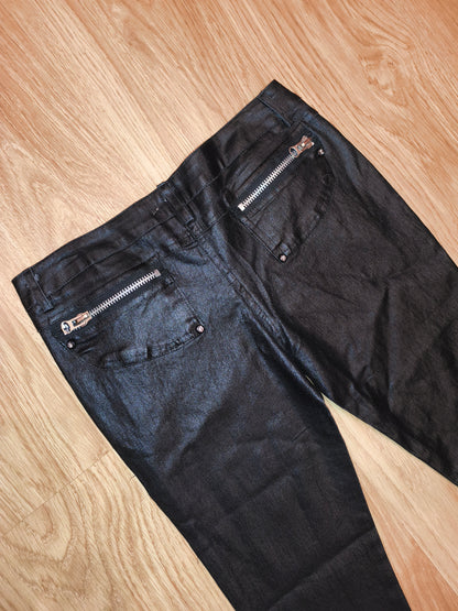 Vintage Y2K Coated Black Zip Pants – Cyber Grunge Punk Waxed Denim (Size 13 / XS-S)