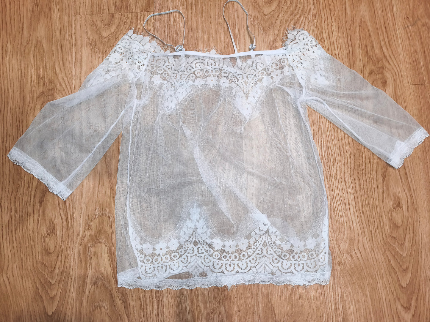 White Sheer Lace Off-Shoulder Top with Bell Sleeves & Cami Straps - Size M/L