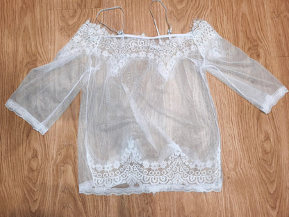 White Sheer Lace Off-Shoulder Top with Bell Sleeves & Cami Straps - Size M/L
