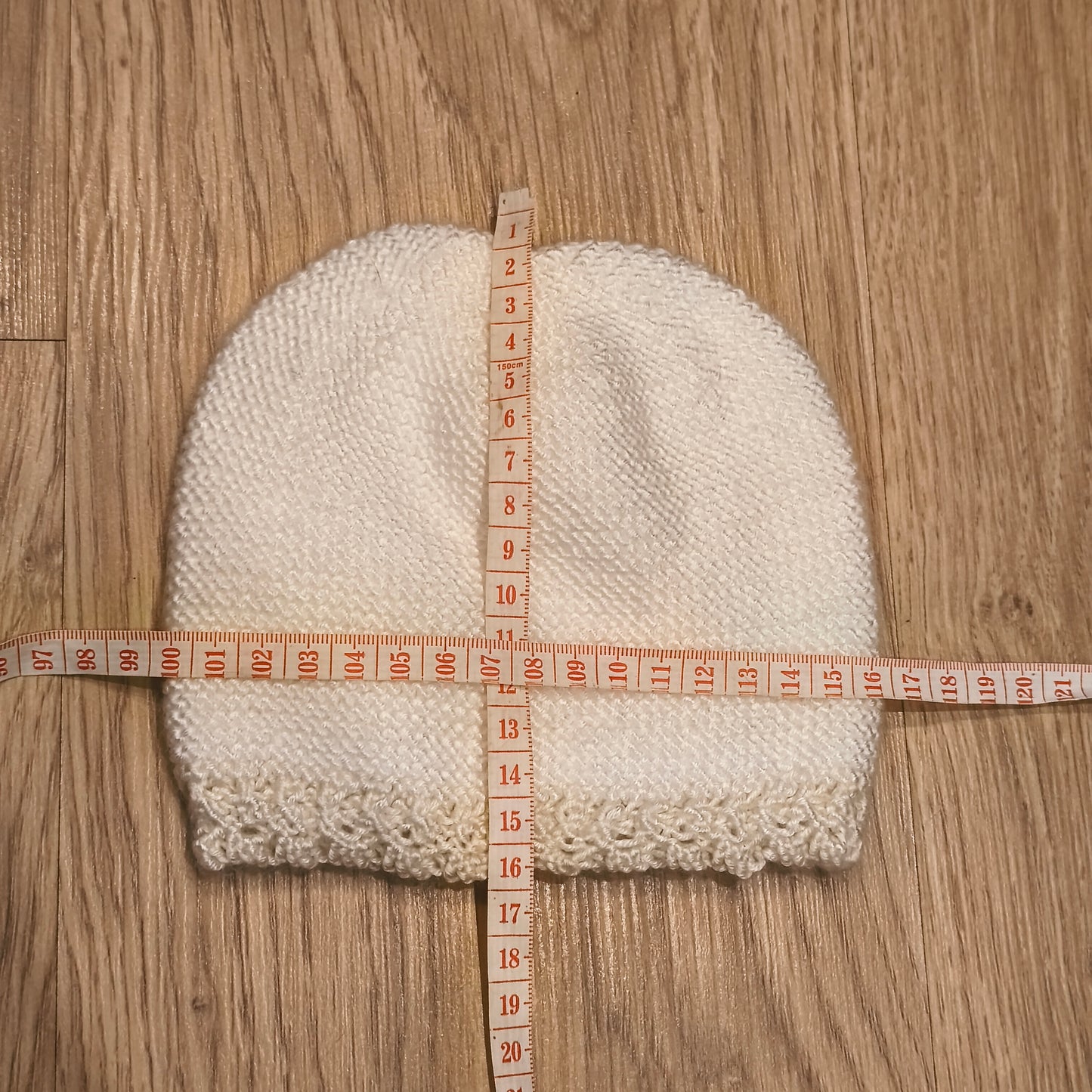 Off White Cream Knit Beanie Hat Crochet Flower Button Accent Winter Warm