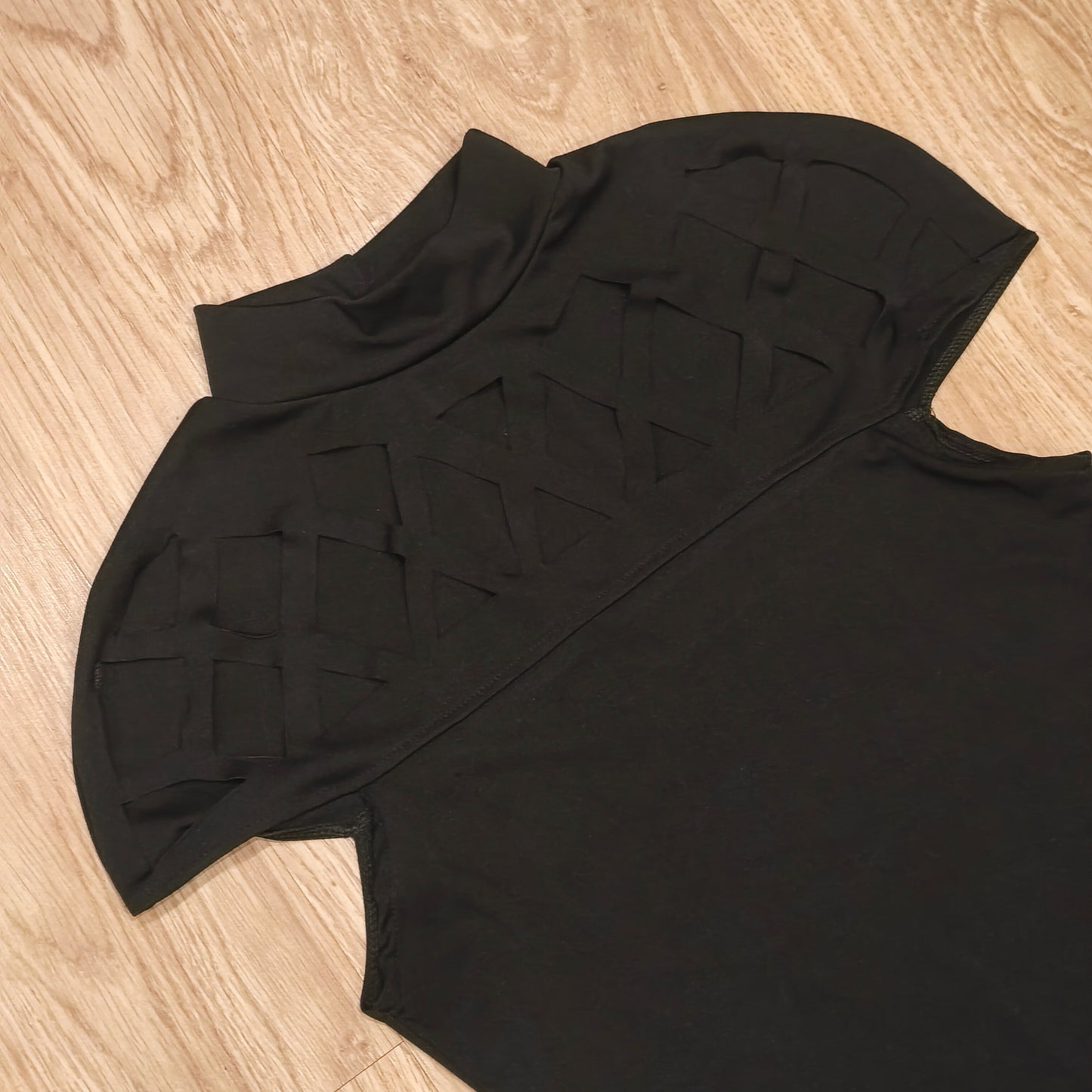 Women Black Bodycon Mini Dress Mock Neck Cutout Lattice Yoke Cap Sleeve Party S