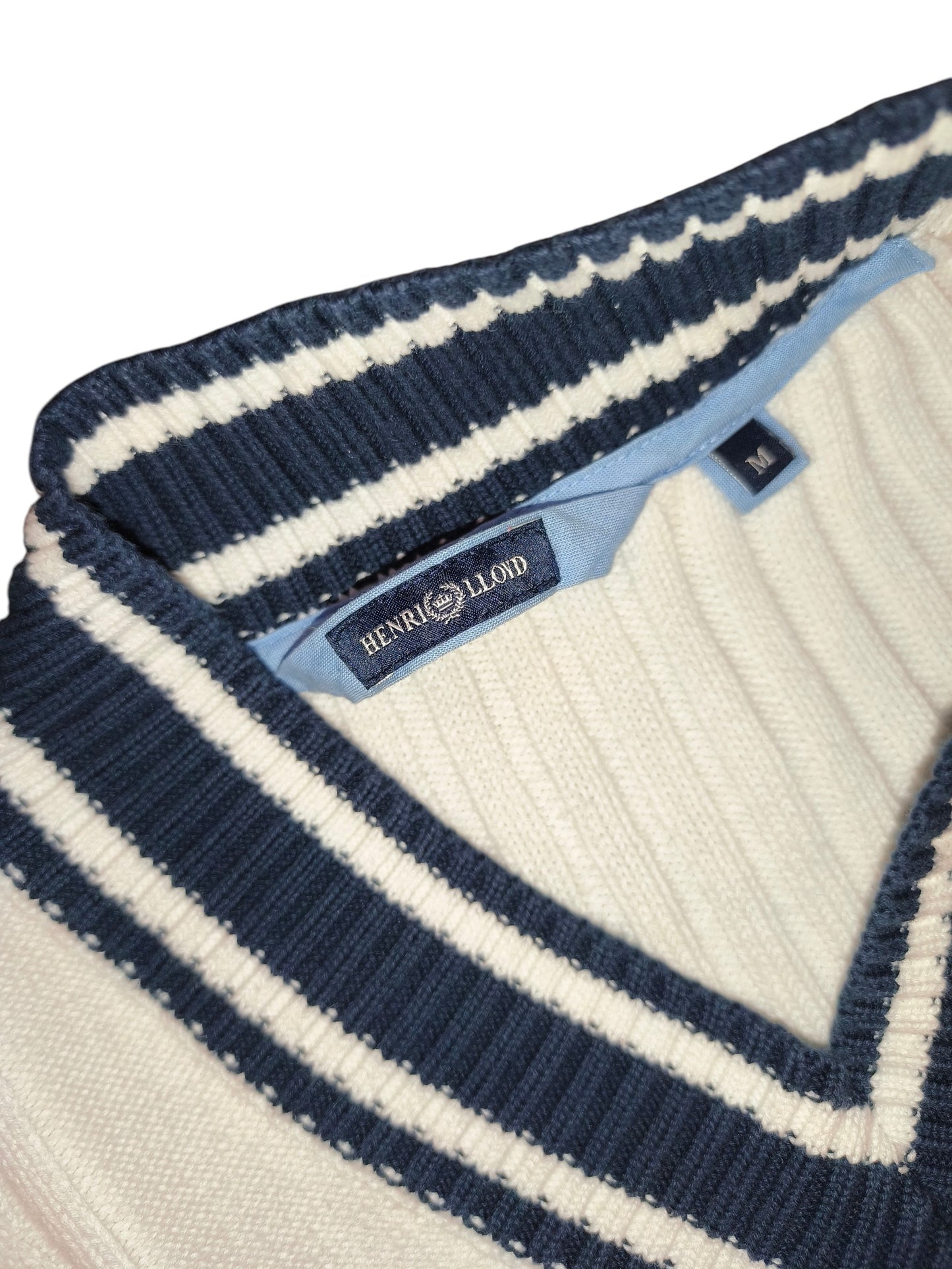Henri Lloyd Men's V-Neck Cricket Sweater White Knit Blue Stripe Pullover Size M