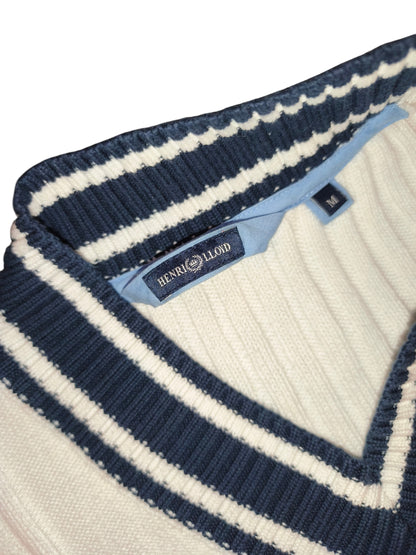 Henri Lloyd Men's V-Neck Cricket Sweater White Knit Blue Stripe Pullover Size M