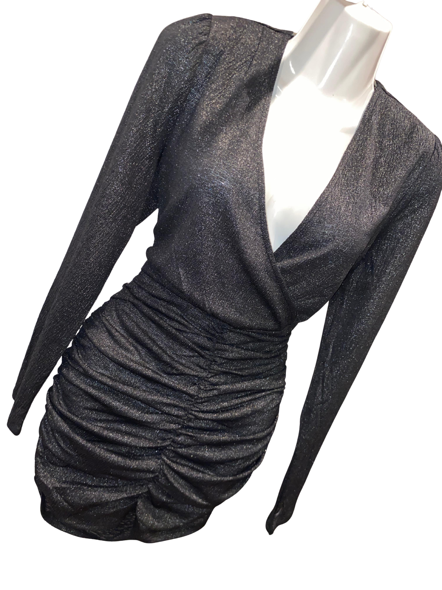ONLY New Pella Wrap Foil Dress XL Gunmetal Silver Metallic Long SleeveRuchedMini