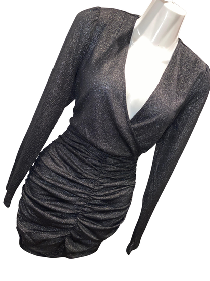 ONLY New Pella Wrap Foil Dress XL Gunmetal Silver Metallic Long SleeveRuchedMini