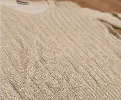 BELOVED WOMAN Gold Metallic Shimmer V-Neck Sweater Size M 3/4 Sleeve Knit Top