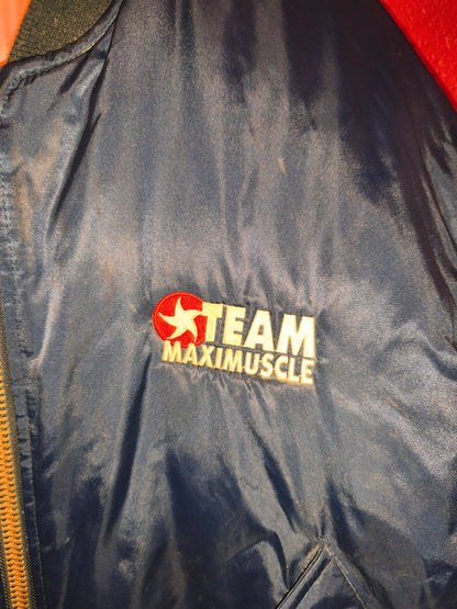 Classic 90s/Y2K bomber jacket featuring bold "Team Maximuscle" chest & back embroidery!