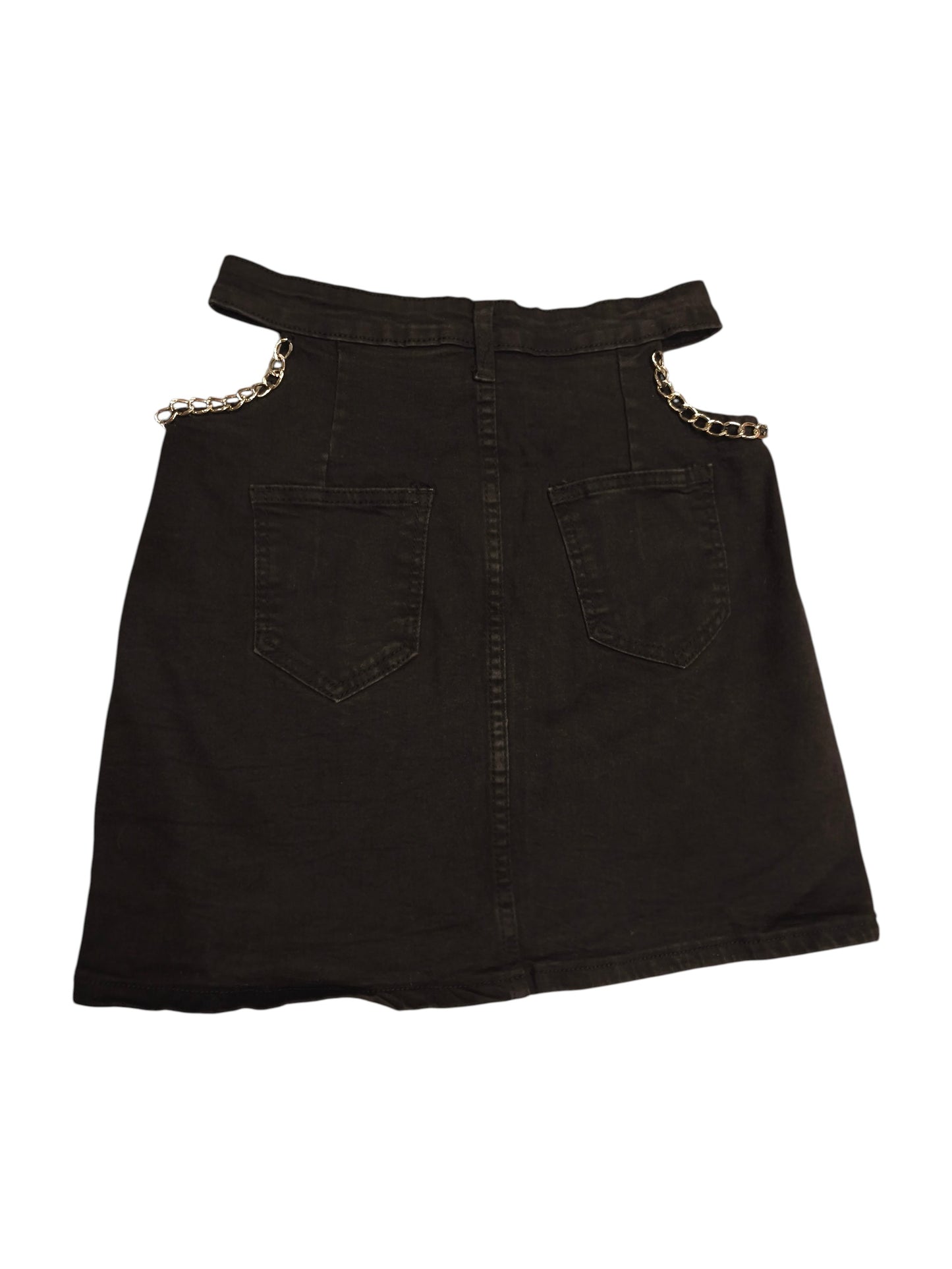 Black Denim-Look Mini Skirt with Hip Cutouts and Silver Chain Detail - Size S