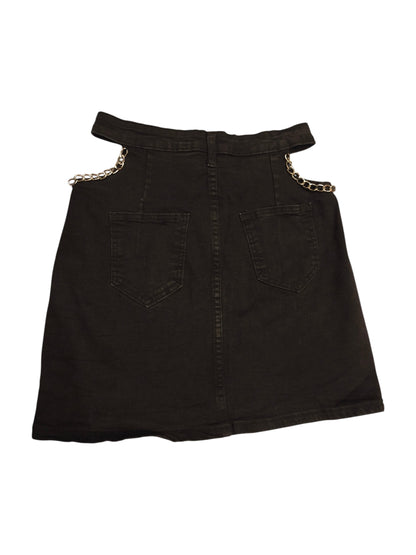 Black Denim-Look Mini Skirt with Hip Cutouts and Silver Chain Detail - Size S