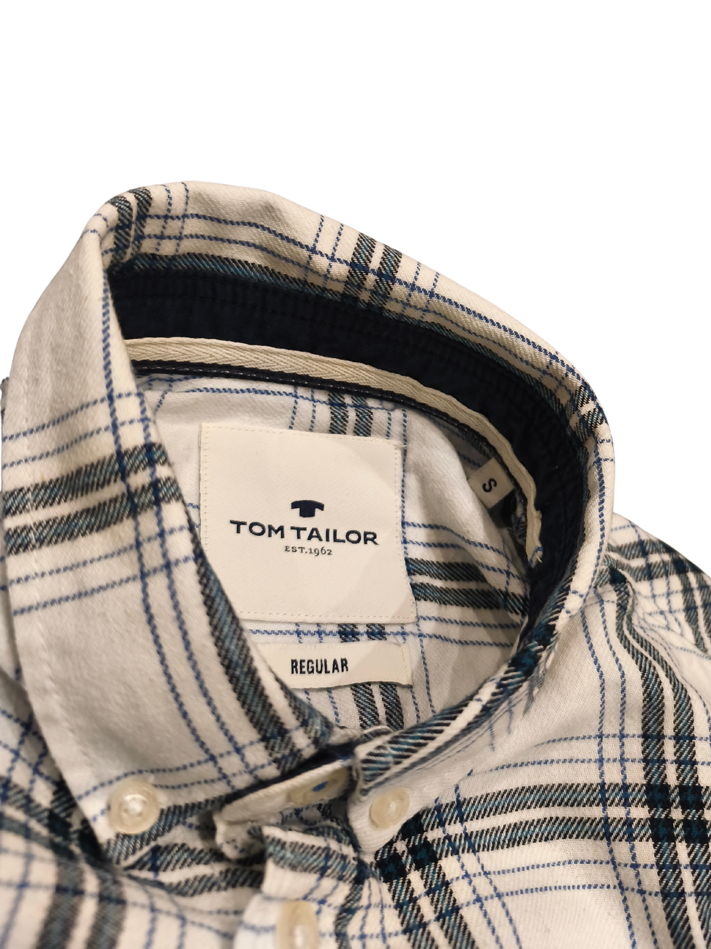 Tom Tailor Men's Flannel Shirt Size S Regular Fit White Blue Plaid Long Sleeve