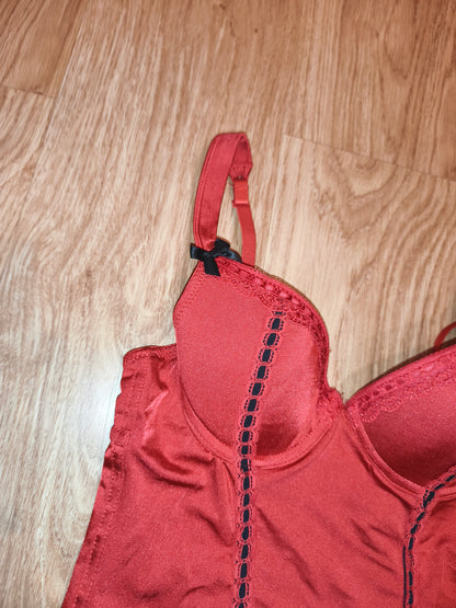 Lovehoney Lingerie Red Lace Corset Bustier Camisole – Black Bows & Hook-Eye Back, Size M