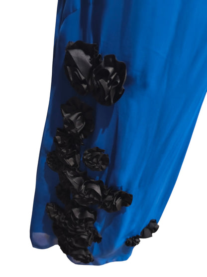 Almost Famous London Blue Shift Dress – Black 3D Floral Rosette Accents Size 10