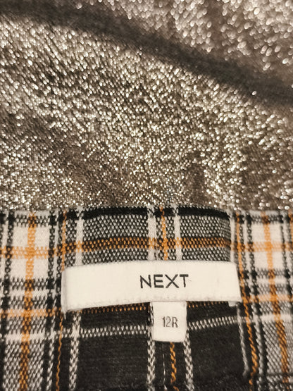 NEXT Women’s Plaid Checked Trousers Size 12R Black Tan White Tapered Zip Detail