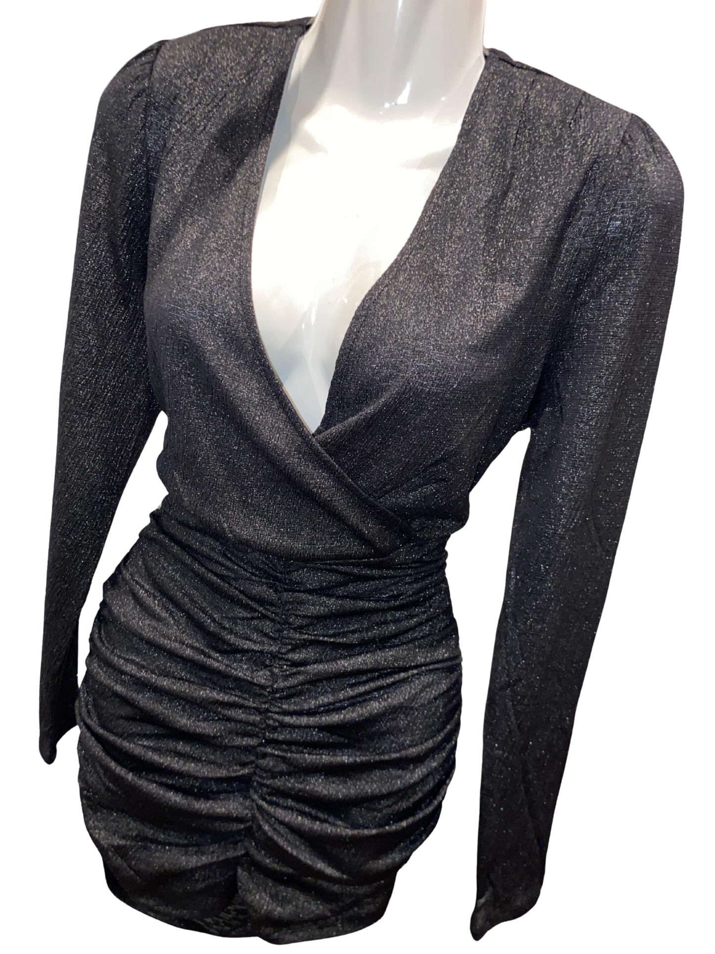 ONLY New Pella Wrap Foil Dress XL Gunmetal Silver Metallic Long SleeveRuchedMini