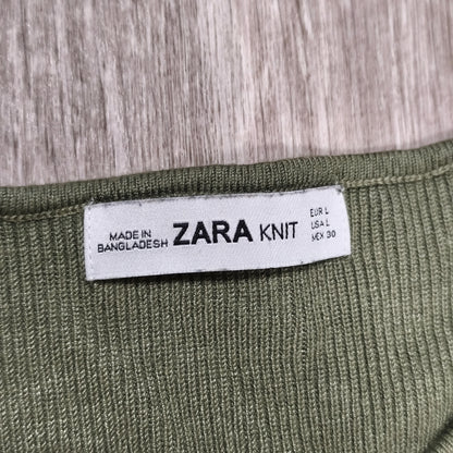 ZARA KNIT Women Large Green Striped Ribbed Long Sleeve Tie Waist Sweater Top