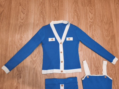 Knit 3 Piece Skirt Set Royal Blue White Cardigan Crop Top Mini Skirt Med/Small