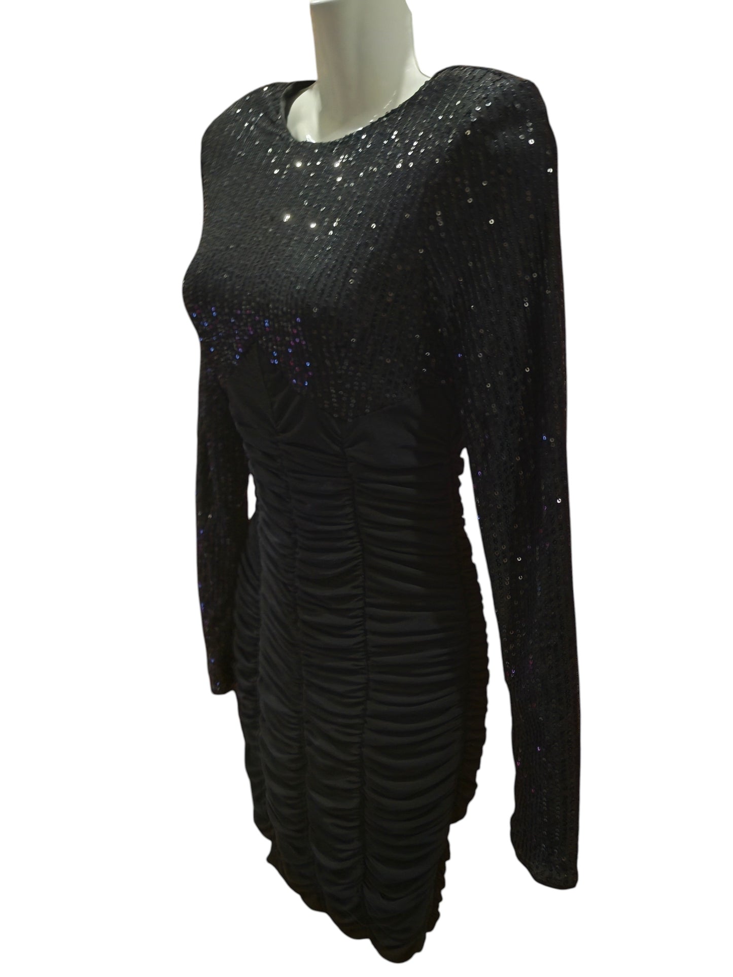 SHEIN BAE Black Sequin Ruched Bodycon Mini Dress Long Sleeve Size S Sparkly