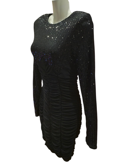 SHEIN BAE Black Sequin Ruched Bodycon Mini Dress Long Sleeve Size S Sparkly