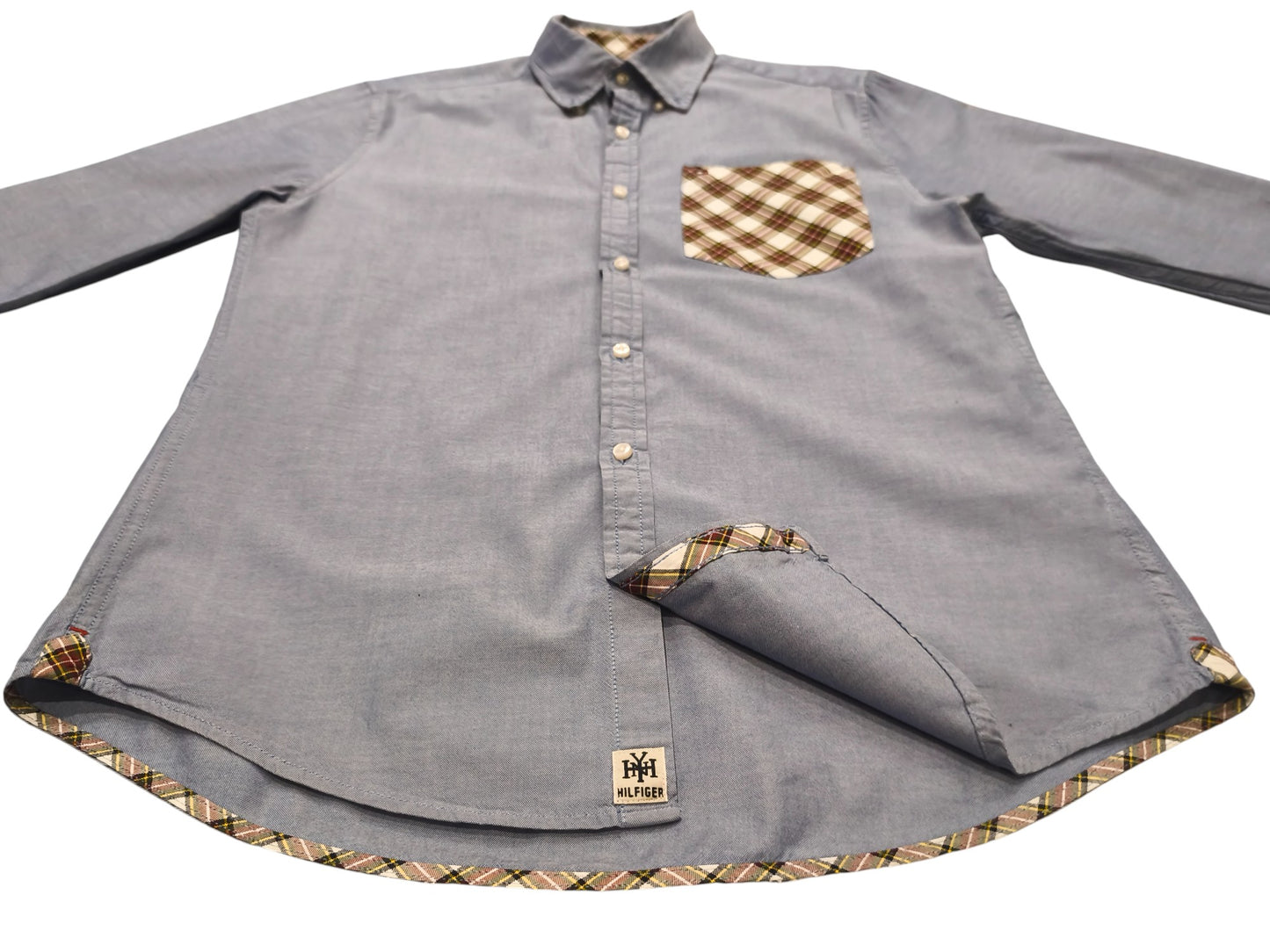 Tommy Hilfiger Shirt Mens Medium Blue Oxford Plaid Elbow Patches New York Fit