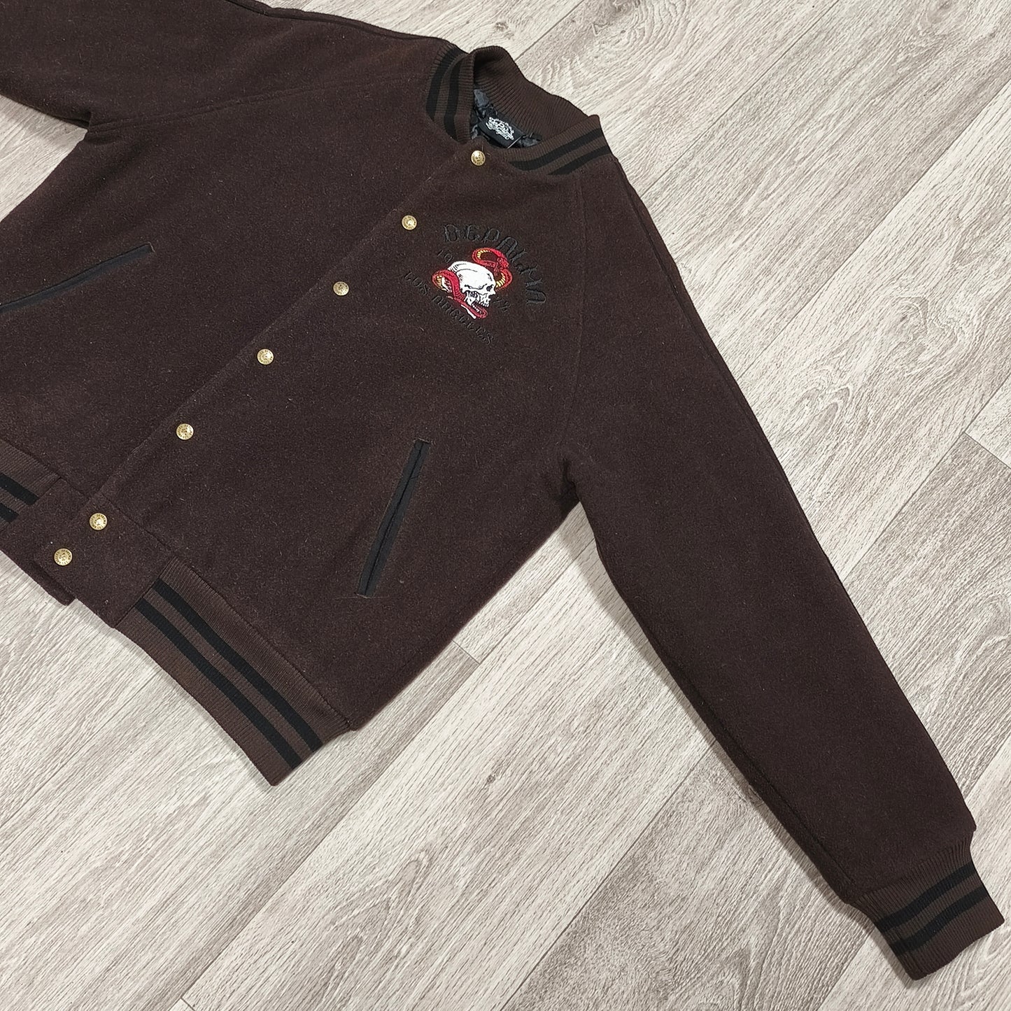 DePalma Los Angeles Varsity Bomber Jacket Mens L Brown Wool Blend Skull Snake