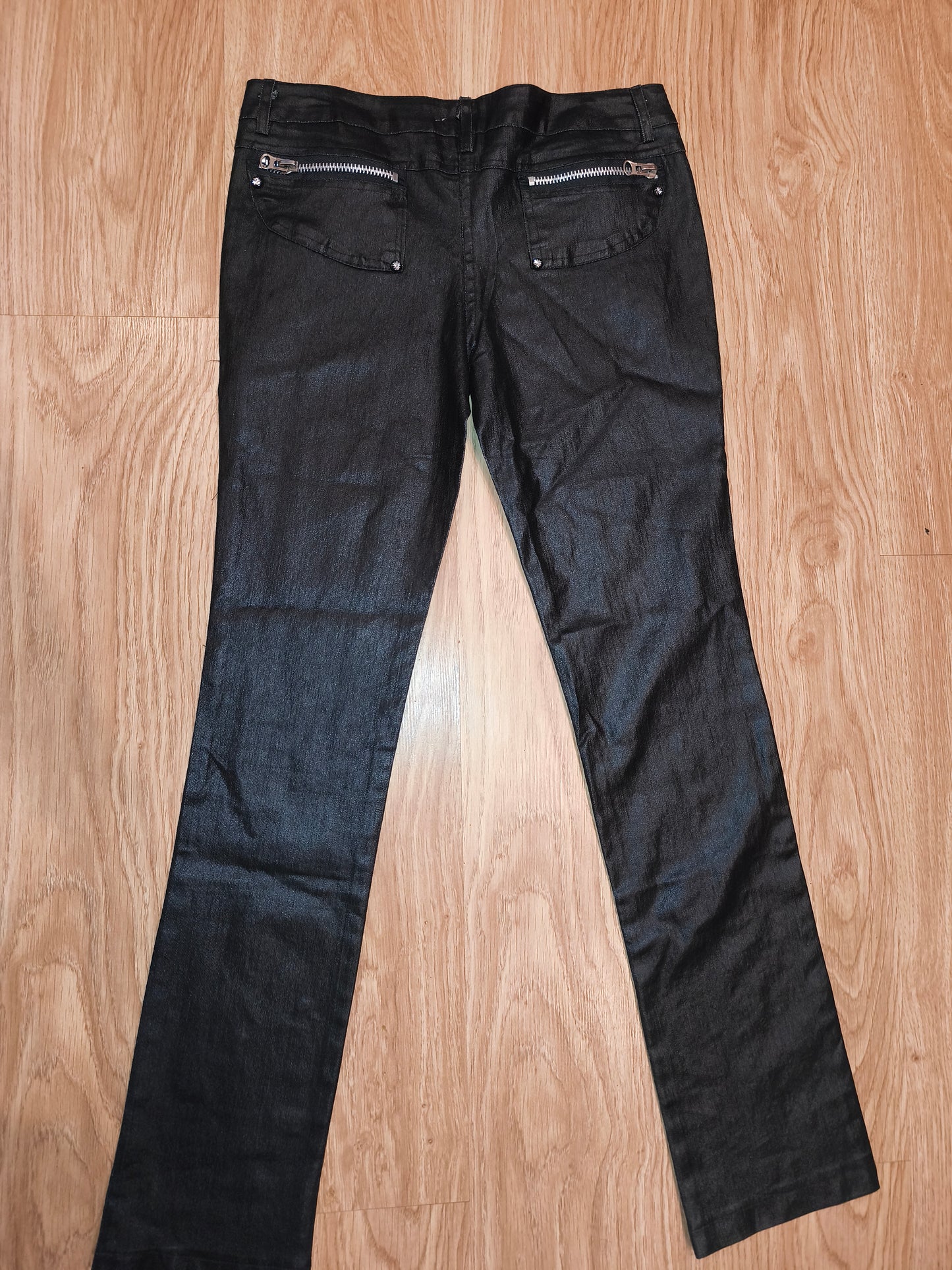 Vintage Y2K Coated Black Zip Pants – Cyber Grunge Punk Waxed Denim (Size 13 / XS-S)