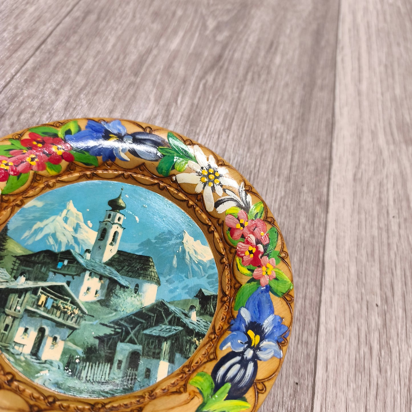 Vintage Hand Painted Wooden Wall Plate Innsbruck Alpine Landscape Flowers