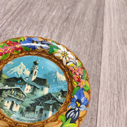 Vintage Hand Painted Wooden Wall Plate Innsbruck Alpine Landscape Flowers