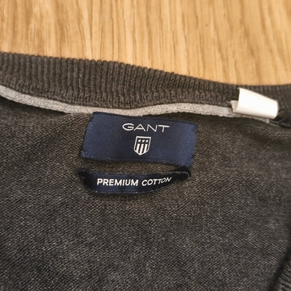 GANT Premium Cotton V-Neck Sweater Mens 2XL Charcoal Grey Knit Pullover Logo