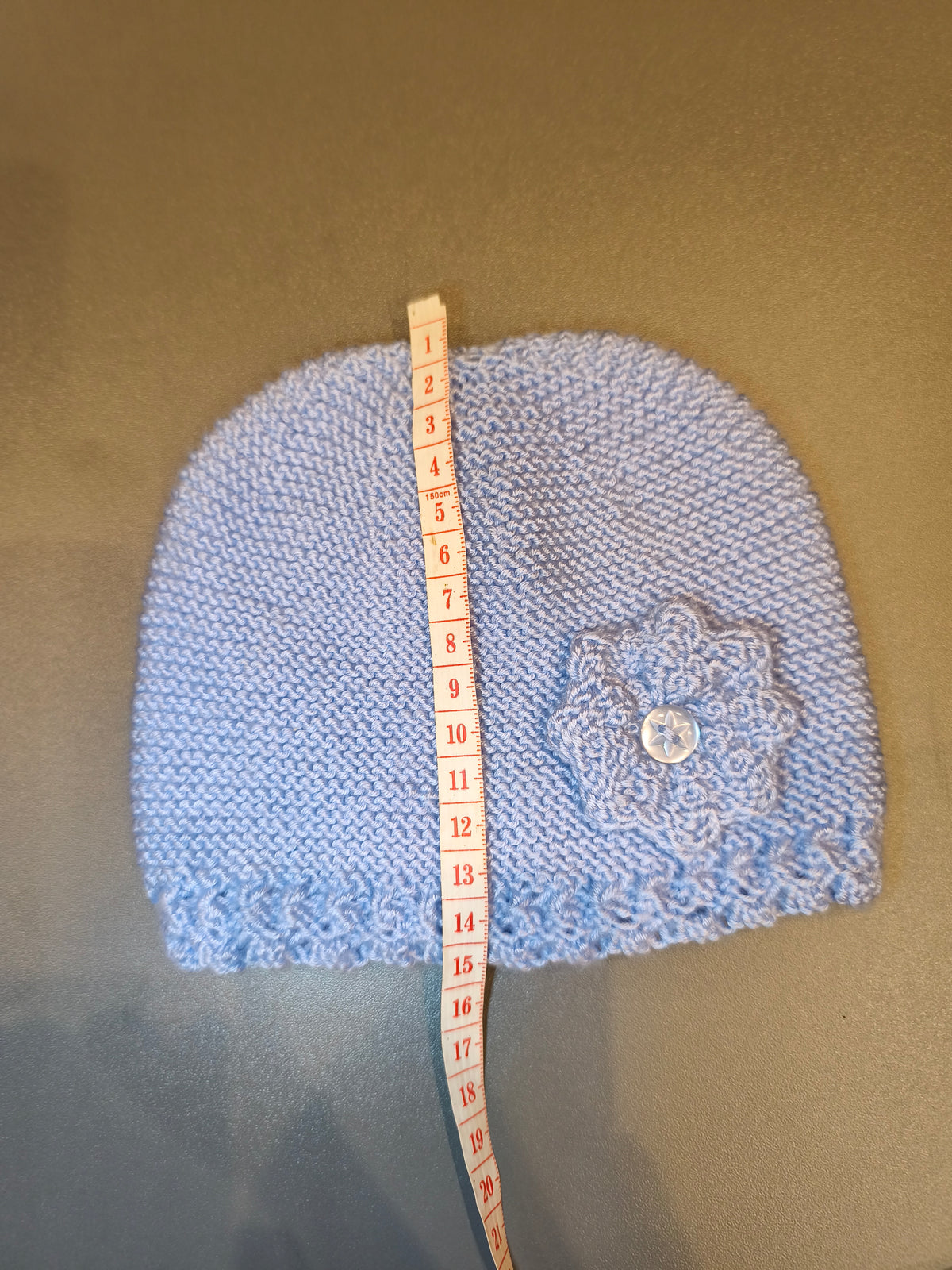 Hand-Knit Baby Girl Beanie Hat with Crochet Flower Detail | Light Blue (0-6M)