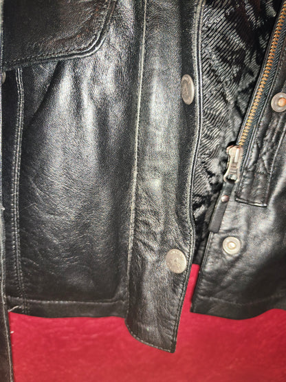 AVIATRIX Genuine Black Leather Belted Utility Jacket Fur Hood | Women's Size XL