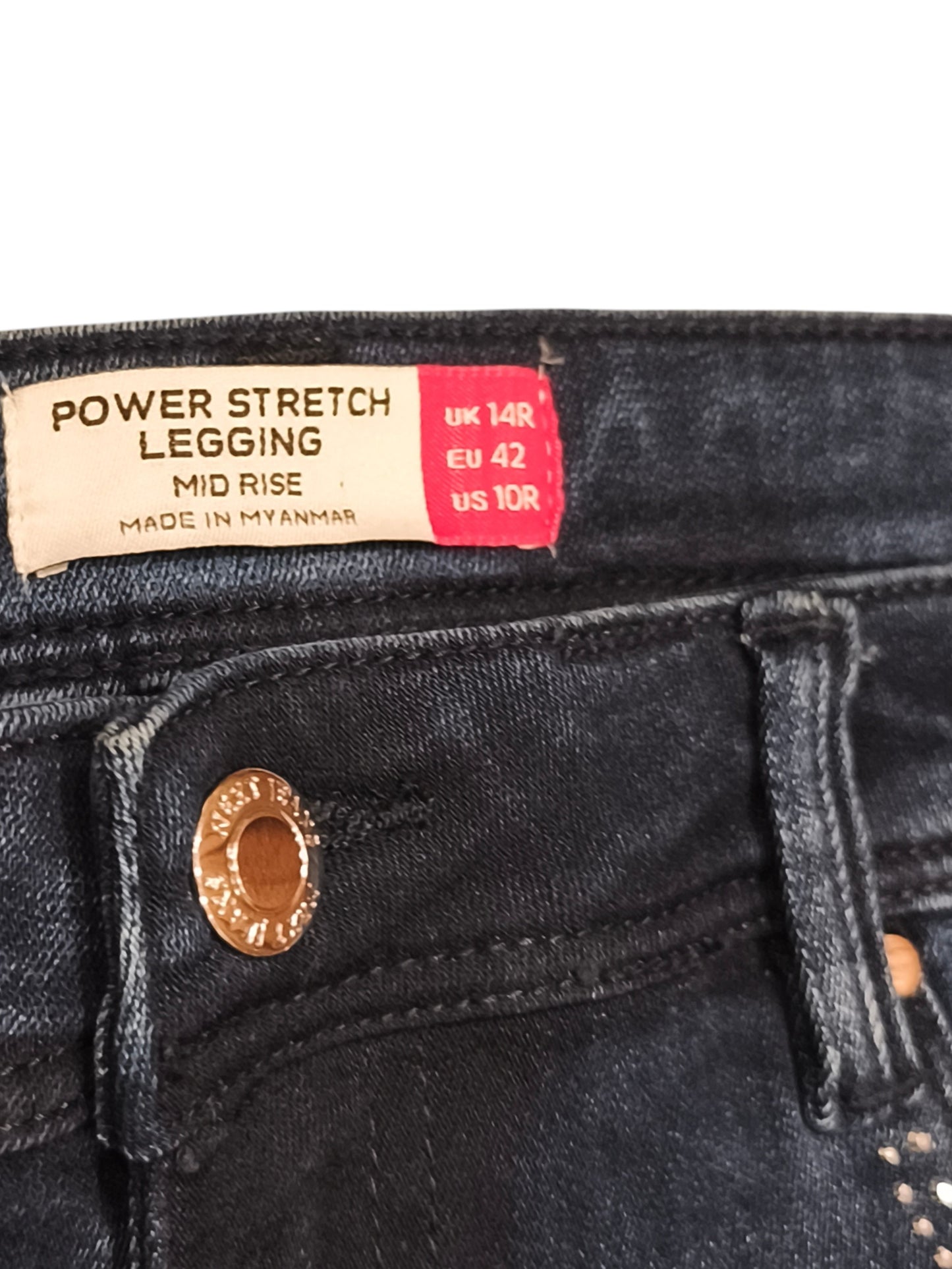 Next Mid Rise Power Stretch Jeans Dark Wash Studded Pockets Size 14 Regular