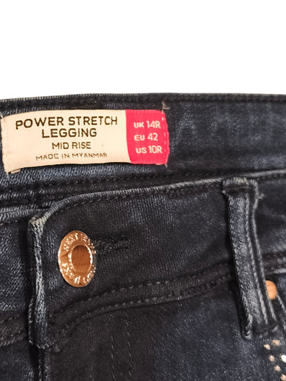 Next Mid Rise Power Stretch Jeans Dark Wash Studded Pockets Size 14 Regular