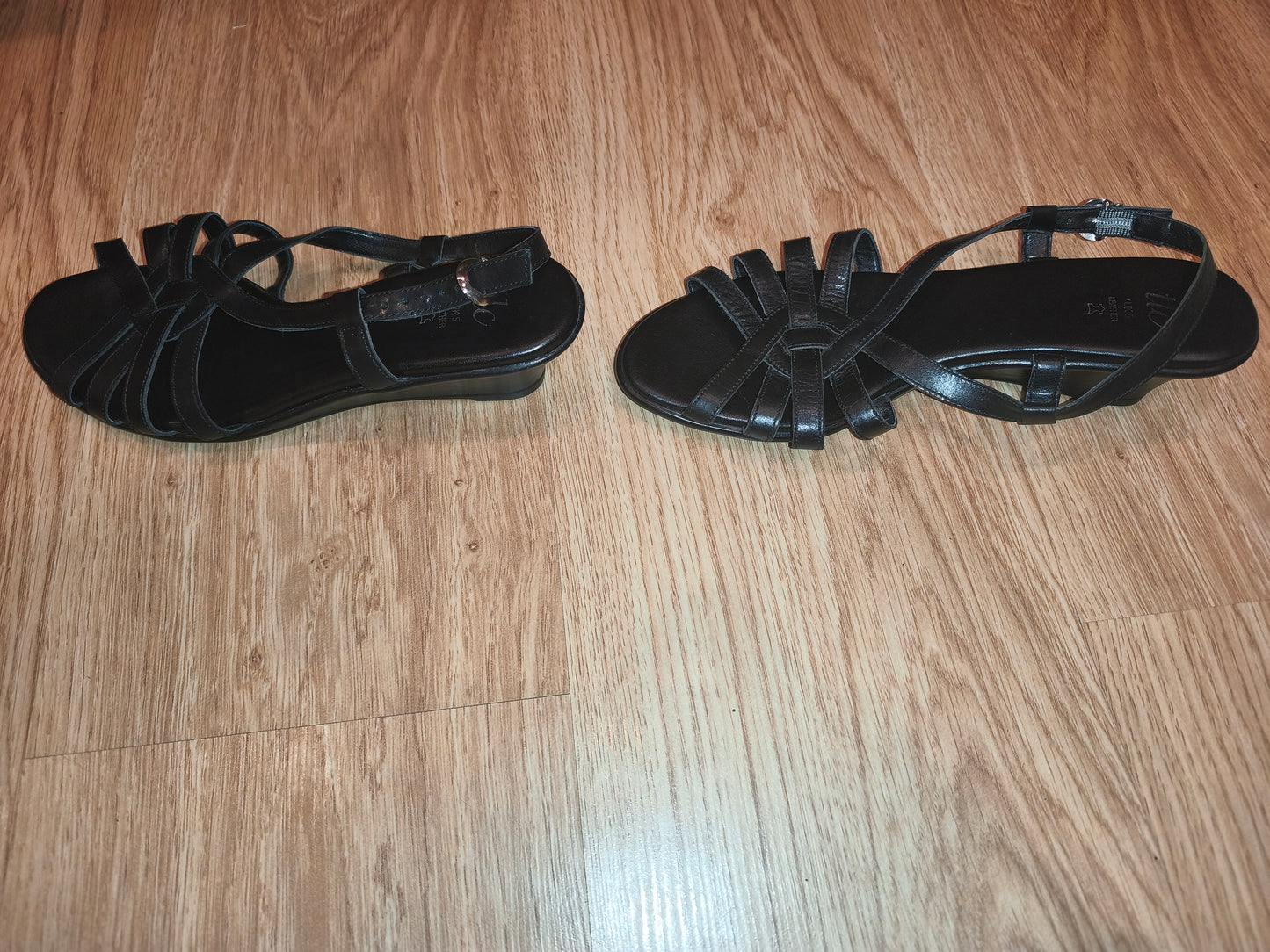TLC Women's Black Real Leather Strappy Low Wedge Sandals – Size EU 38 / UK 5
