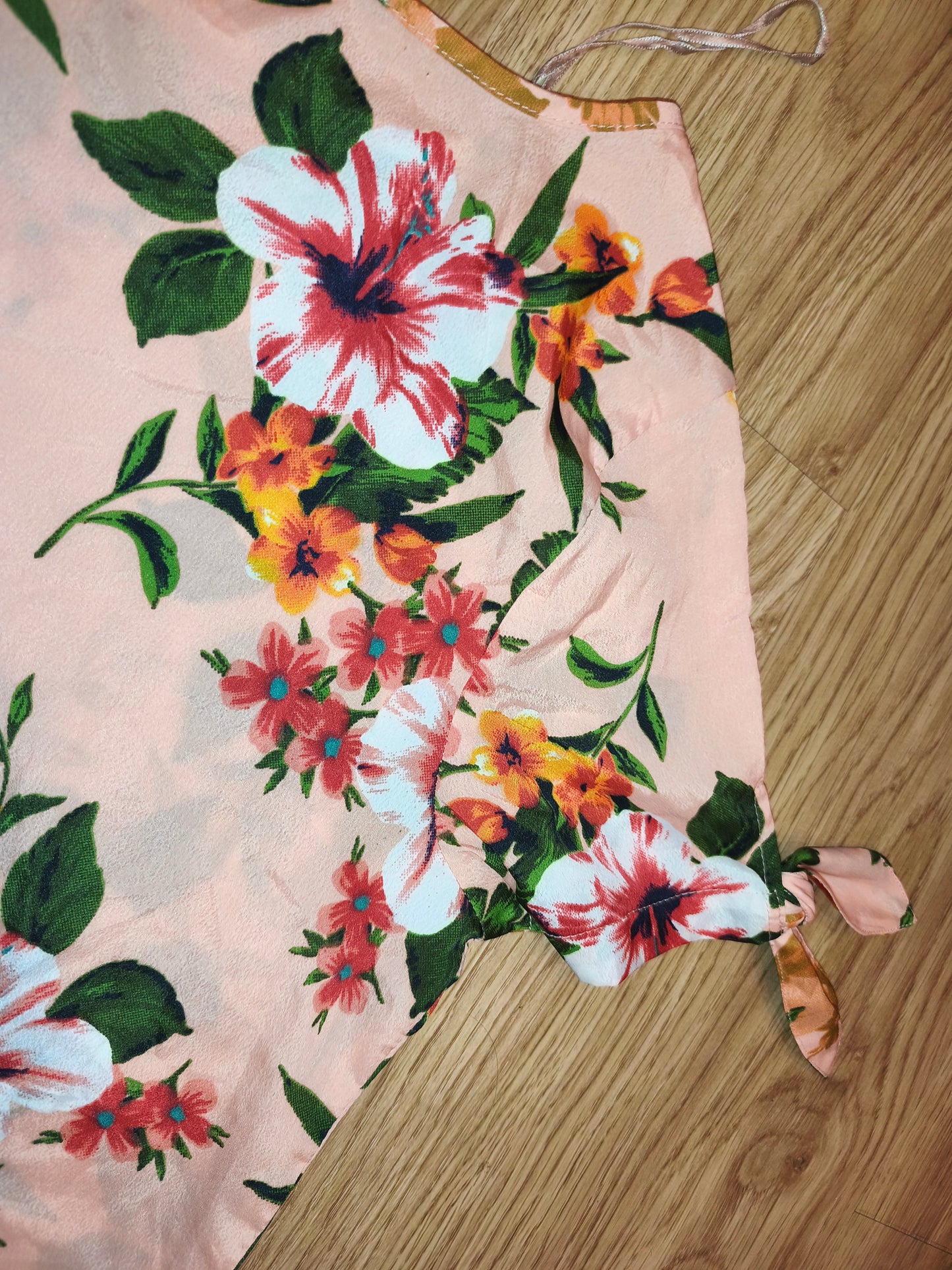 Peacocks Floral Print Tie-Sleeve Blouse – Peach & Multicolour, Size UK 10