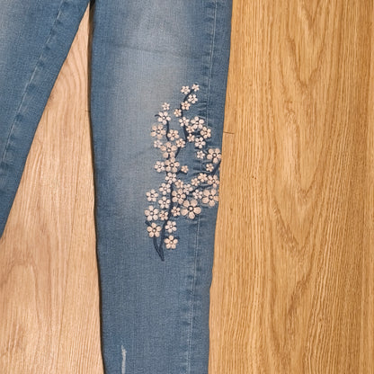 F&F Women Floral Embroidered Jeans Blue Stretch Skinny Raw Hem UK 10 US 6 EUR 38