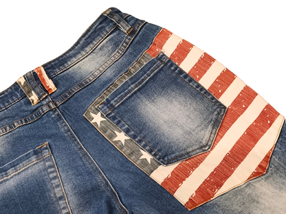 RAINBOW Boyfriend Jeans Blue Distressed American Flag Stars Stripes Size EUR 38