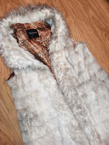 Vintage Fellymoon Tiered Faux Fur Hooded Vest - Alphabet Satin Lining (Size XXL)