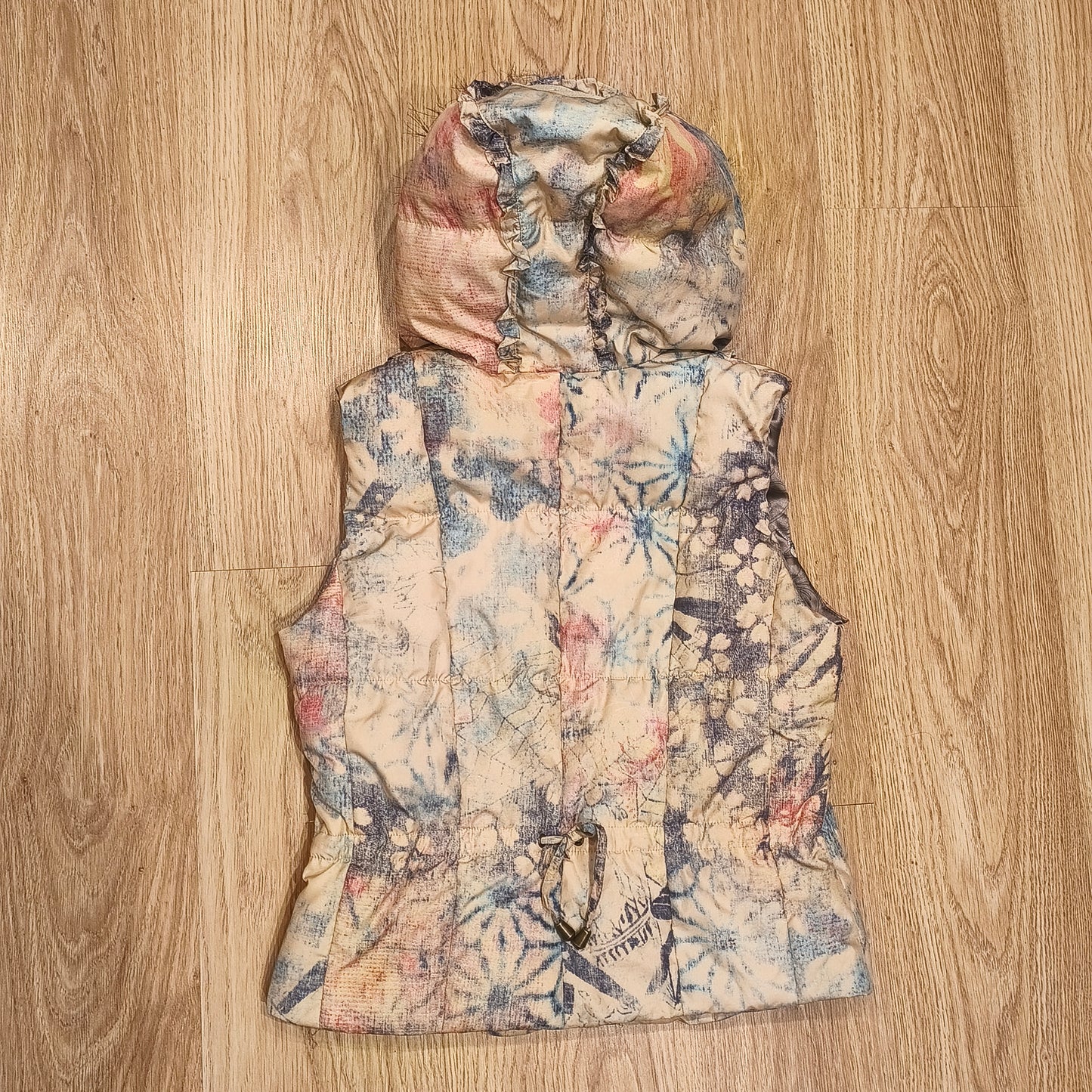 DAITE Womens Hooded Puffer Vest Faux Fur Trim Floral Skull Y2K Size UK 12 EU 38