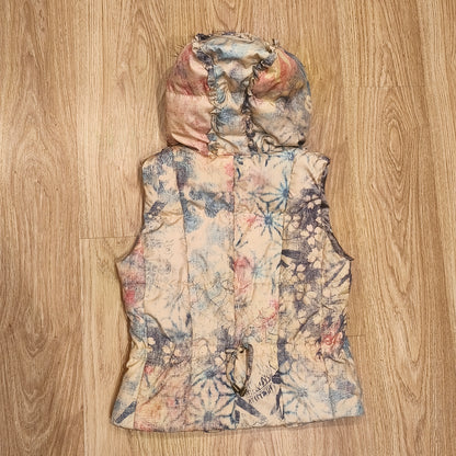 DAITE Womens Hooded Puffer Vest Faux Fur Trim Floral Skull Y2K Size UK 12 EU 38