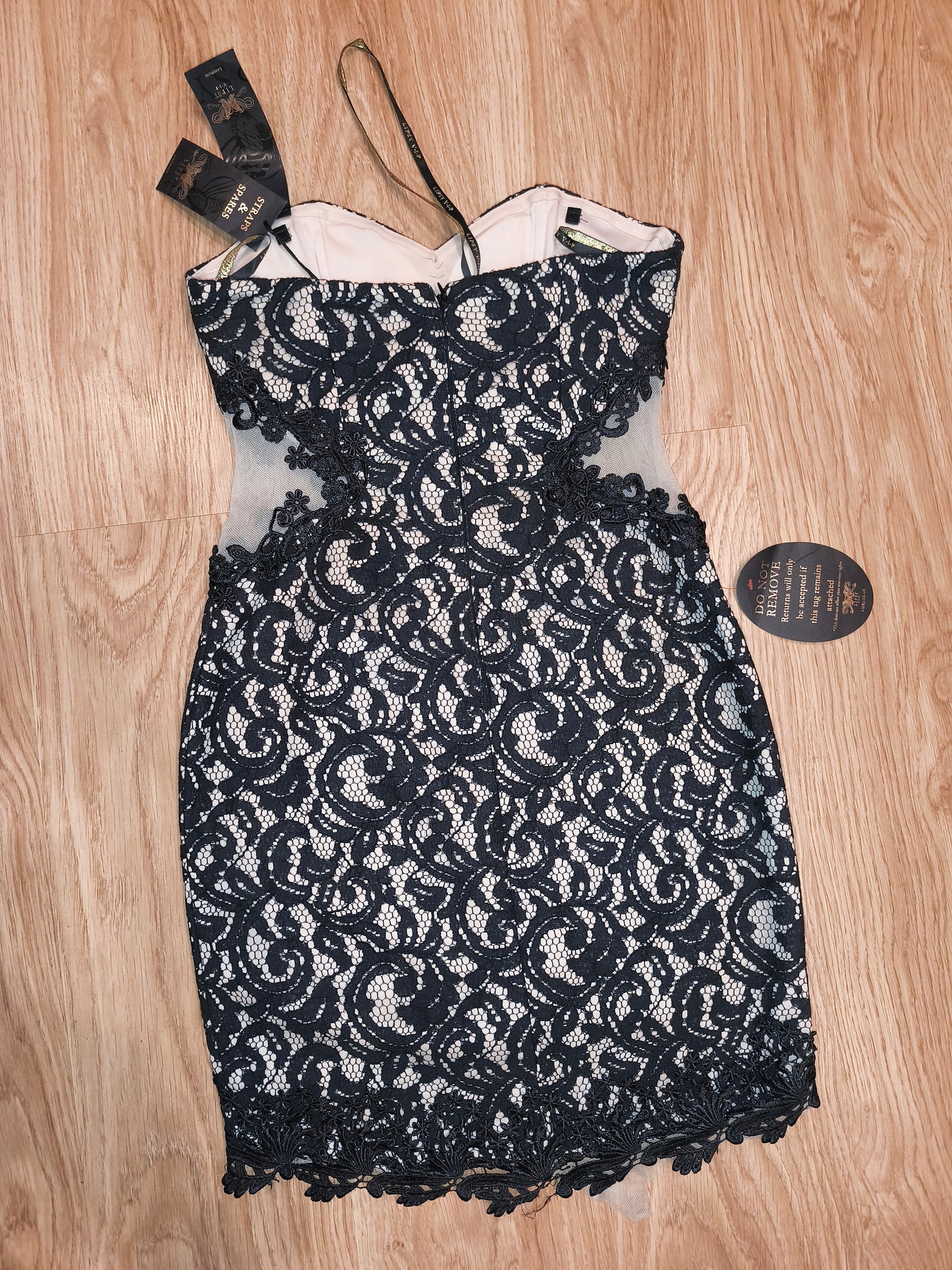 NWT Lipsy London VIP Lace Cocktail Dress – Black & Nude Strapless Bodycon, UK 10 / EU 38